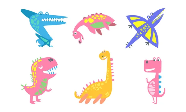 Dinosaurios divertidos como reptiles antiguos con cuernos, cola y colmillos — Archivo Imágenes Vectoriales