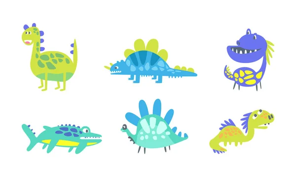 Смешные динозавры как древние рептилии с рогами, хвостом и клыками — стоковый вектор
