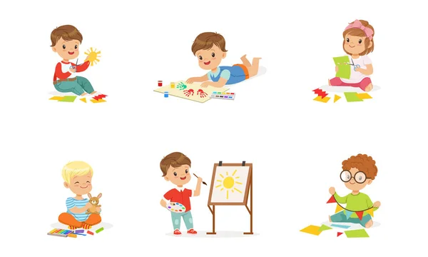 ( 영어 ) Kids Creativity Education and Development, Little Boys and Girls Painting, Cutting Application, Playing with Plasticine Cartoon Vector Illustration — 스톡 벡터