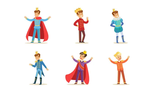 Cute Little Prince Set, Boys in Crowns Dressed Elegant Fairytale Costumes Cartoon Vector Illustration — 스톡 벡터