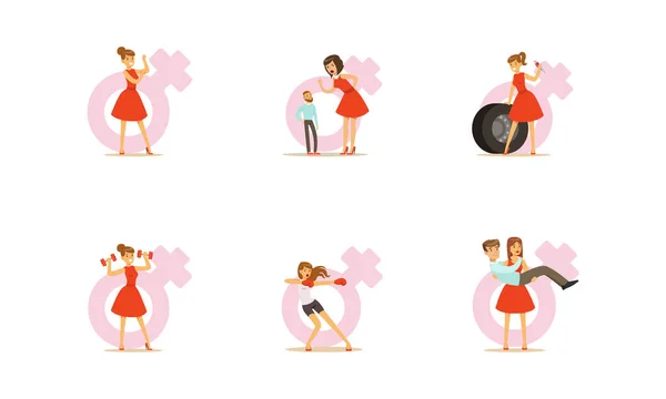 Personaje de la mujer fuerte en el conjunto de vestido rojo, niña cambiando rueda de neumático, haciendo deportes, llevando al hombre débil en sus manos, Feminismo Concepto Dibujos animados Vector Ilustración — Archivo Imágenes Vectoriales