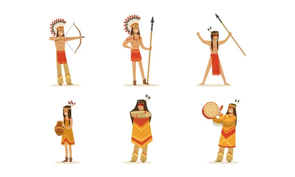 Indianer in traditioneller Kleidung und Kopfbedeckung setzen Cartoon Vector Illustration — Stockvektor
