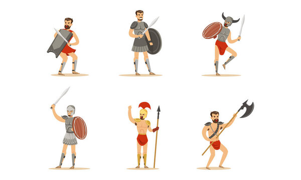 Ancient Greek and Roman Warriors Set, Spartan Soldiers in Armor Cartoon Vector Illustration