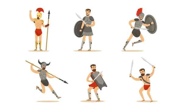 Ancient Warriors Set, Greek, Roman and Spartan Soldiers in Armor Cartoon Vector Illustration — Stock Vector