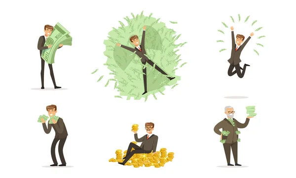 Happy Rich People Set, Bogaty biznesmen Milionerzy Liczenie i kąpiel w pieniądze wektor ilustracji — Wektor stockowy