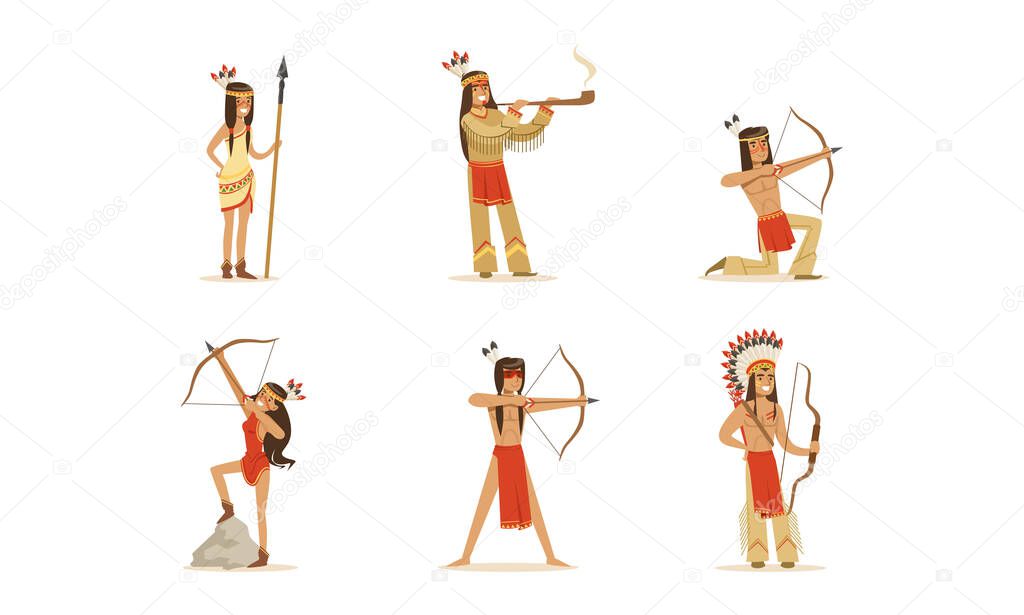 Native American Indians in Traditional Clothes Set, Male and Female Warriors with Bows and Spears Cartoon Vector Illustration