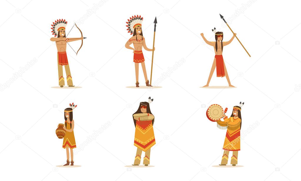 Native American Indians in Traditional Clothes and Headdress Set Cartoon Vector Illustration