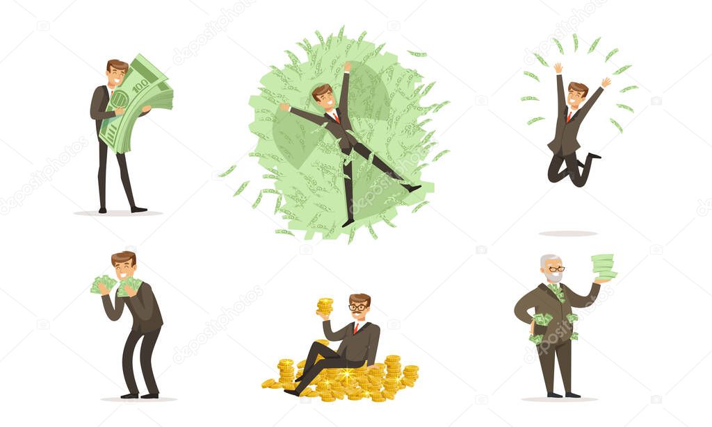 Happy Rich People Set, Wealthy Businessman Millionaires Counting and Bathing in Money Cartoon Vector Illustration