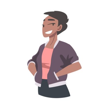 Neşeli, kendine güveni olan, elleri ceplerinde duran, Afro-Amerikan Kadın Pozitif Duyguları, Gururu, Kabullenmesi, Saygı Vektörü İllüstrasyonu