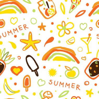 Yaz Kusursuz Desen Tasarımı, Tatil Sembolleri Arkaplan, Duvar Kağıdı, Tekstil, Paketleme Vektörü İllüstrasyonu