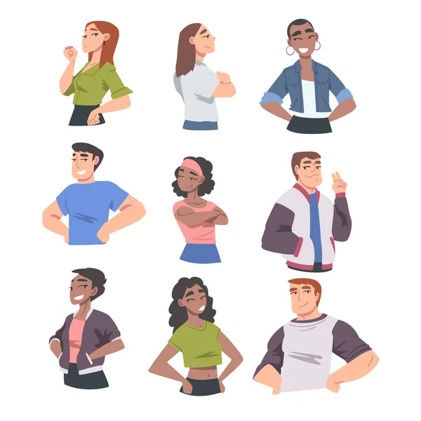 Confident People, Cheerful Young Women and Men Expressing Positive Emotions, Self Love, Self Pride, Acceptance, Esteem Cartoon Vector Illustration — Stock Vector