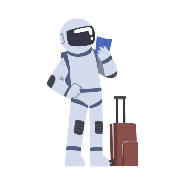 Astronaut Traveling with Suitcase, Space Tourist Character in Space Suit Cartoon Vector Illustration — Stock Vector