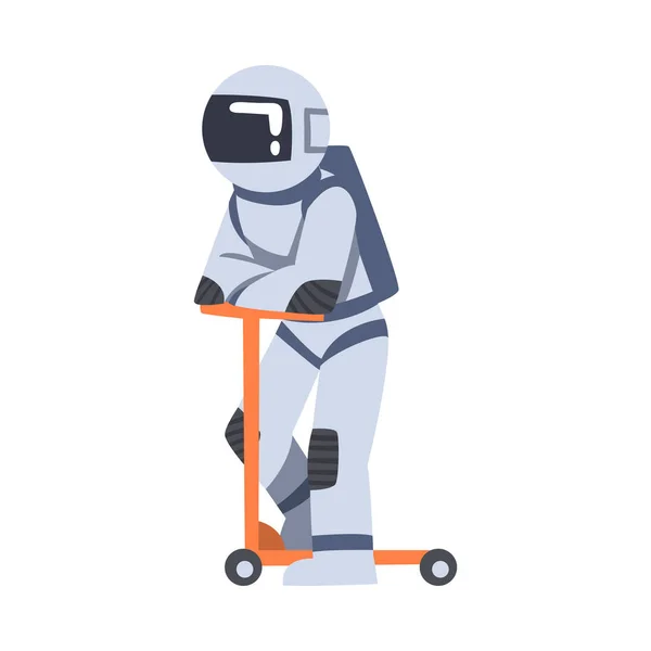 Astronaut Riding Kick Scooter, Ruimte Toeristisch Karakter Het dragen van Space Suit Cartoon Vector Illustratie — Stockvector