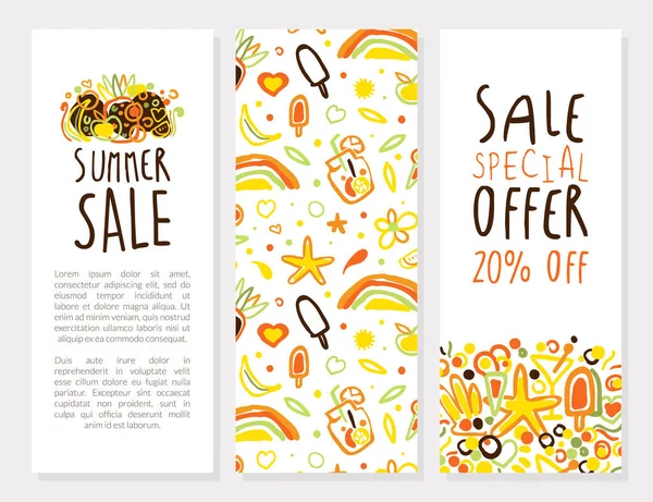 Summer Sale Special Offer Vertical Banner Template, Poster, Banner, Invitation, Flyer Design with Summer Symbols Pattern and Space for Text Vector Illustration — Stock Vector
