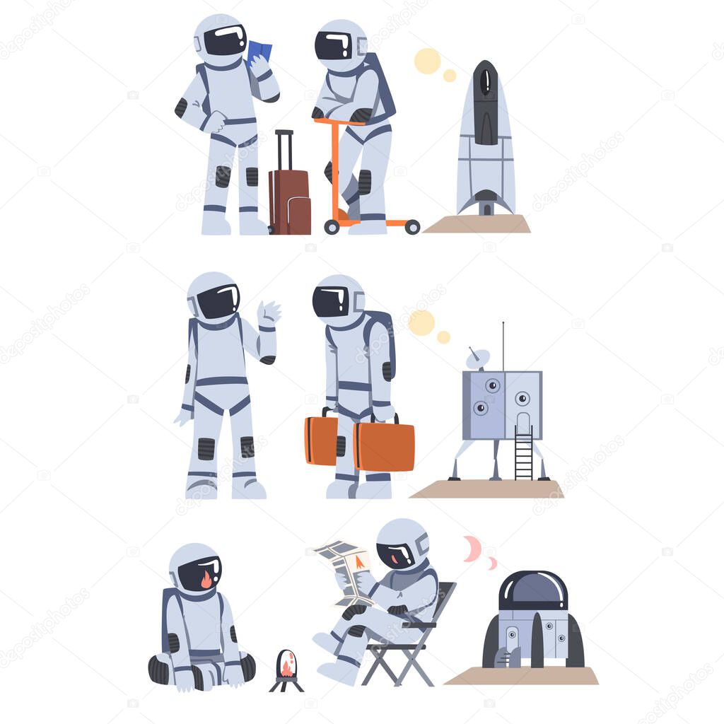 Space Tourists with Suitcases Traveling in Space Set, Astronauts Wearing Spacesuits Landed on Mars or Moon Cartoon Vector Illustration