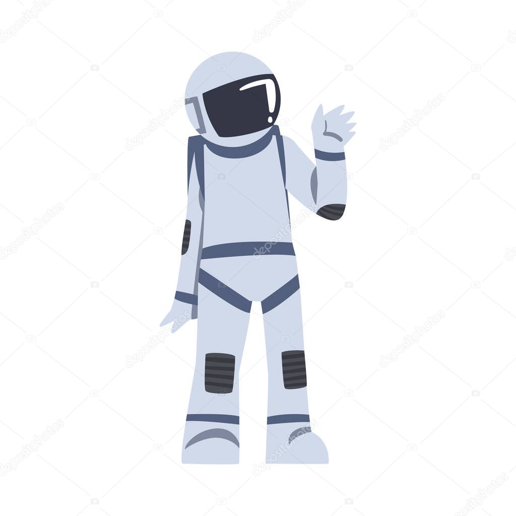 Astronaut Waving his Hand, Space Tourist Character in Space Suit Doing Hello Gesture Cartoon Vector Illustration