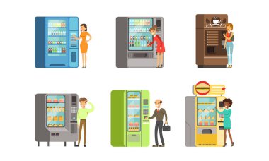 İçecek ve Gıda Vektörü Seti Alma Makinesine Yakın Duran Tüketiciler