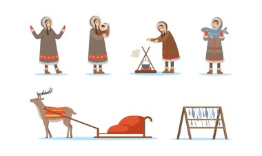 Geleneksel Giysilerde Eskimo Karakterleri ve Kuzey Kutup Hayvanları Vektör Kümesi