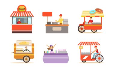 Markette Erkek ve Kadın 'la sokak arabası ve standı Atıştırmalık ve içecek vektör seti satıyor