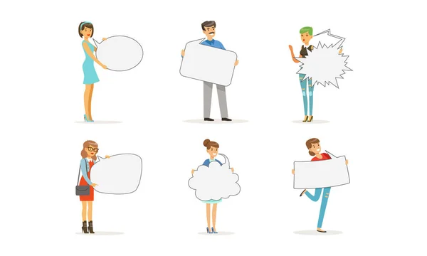Personnages de personnes tenant un ensemble d'illustration vectorielle de bulle de parole vide — Image vectorielle