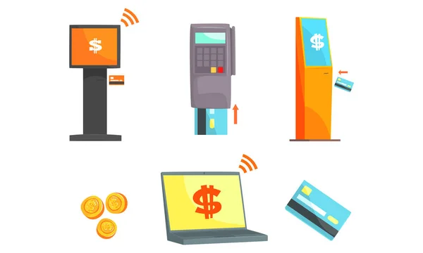 Mobiele en Credit Card Betaling of Geld Overdracht via Mobile Device Vector Set — Stockvector