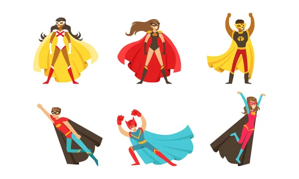 Personajes de superhéroes masculinos y femeninos en máscara y capa de aleteo corriendo al conjunto de vectores de rescate — Archivo Imágenes Vectoriales