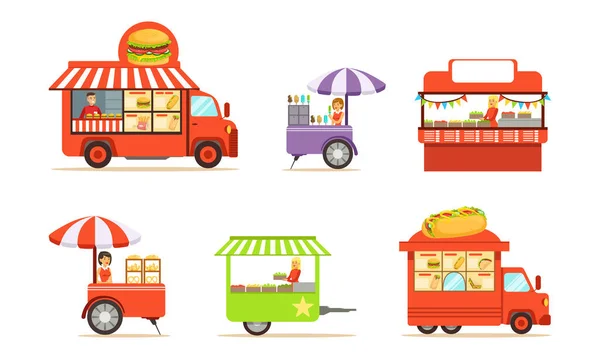 Street Cart en Booth met Man en Vrouw op marktkraam Verkopen van snacks en drankjes Vector Set — Stockvector