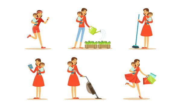 Perempuan Energik Housewife Holding Baby in Arms Watering Flowers, Vacuuming and Doing Shopping Vector Set - Stok Vektor