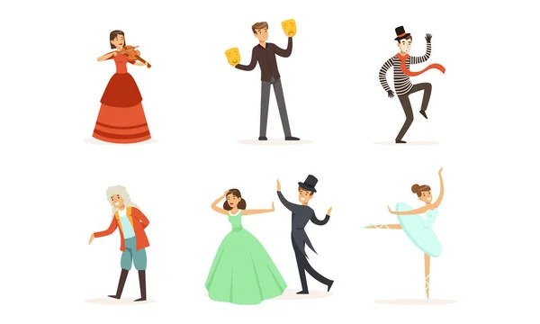 Personnages de personnages jouant et dansant sur scène du théâtre classique Illustration vectorielle Set — Image vectorielle