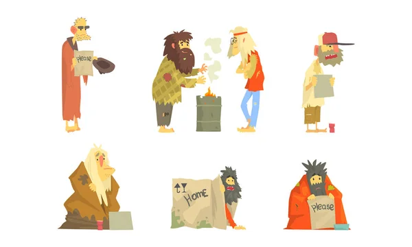 Homeless Bearded Man Characters in Rags Living on the Streets Looking Shabby and Hungry Vector Set — Stock Vector