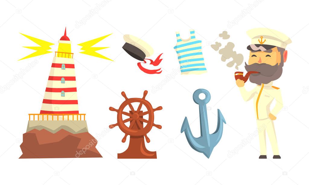 Bearded Sailor or Seaman Smoking Pipe and Anchor with Striped Vest as Marine Attributes Vector Set