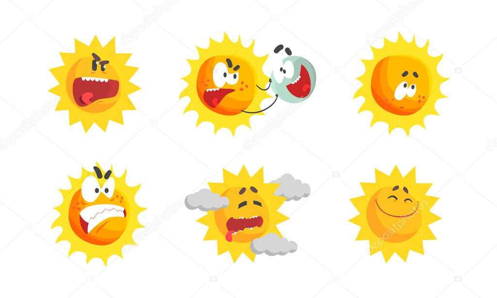 Sun with Sunbeams Having Smiling and Angry Frowning Face Vector Set.