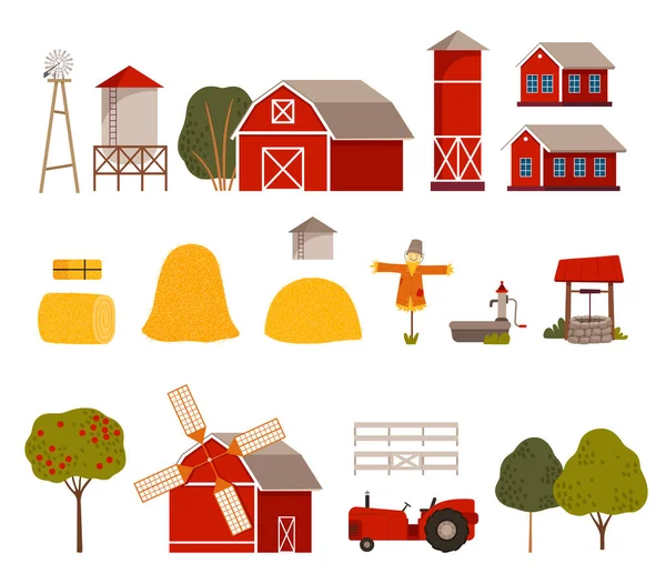 Rural Landscape Elements with Hay Stack, Red Barn and Windmill Vector Set — 스톡 벡터