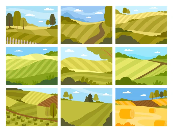 Vista al campo con suelo, tierra de pasto y carretera sinuosa como conjunto de vectores de paisaje verde — Vector de stock