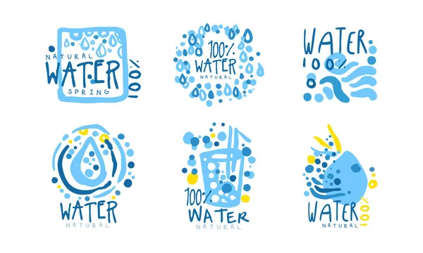 蓝色水滴矢量集的天然水泉徽章设计 — 图库矢量图片