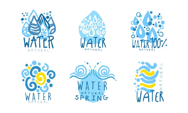 Design naturale del distintivo della primavera dell'acqua con Blue Drops Vector Set — Vettoriale Stock