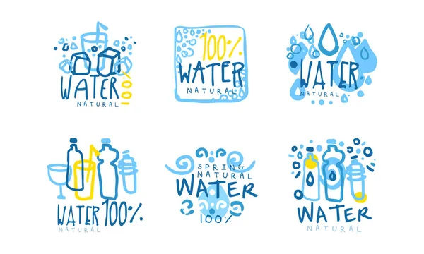 Design naturale del distintivo della primavera dell'acqua con Blue Drops Vector Set — Vettoriale Stock