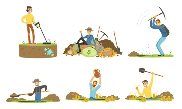Man Treasure Hunter with Metal Detector and Shovel Digging Hole in Soil Extracting Gold and Gemstones Vector Set — Stockový vektor