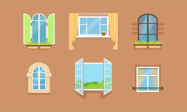 Diferentes ventanas enmarcadas en la pared como conjunto de vectores de elemento exterior del edificio — Archivo Imágenes Vectoriales