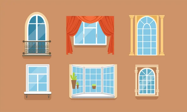 Verschillende Framed Windows op Wall als Building Exterior Element Vector Set — Stockvector