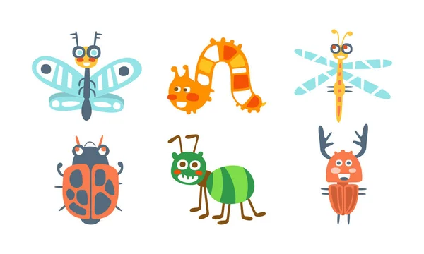 Insectos de dibujos animados con mariquita y conjunto de vector de mariposa — Vector de stock