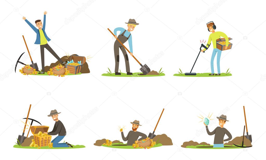 Man Treasure Hunter with Metal Detector and Shovel Digging Hole in Soil Extracting Gold and Gemstones Vector Set