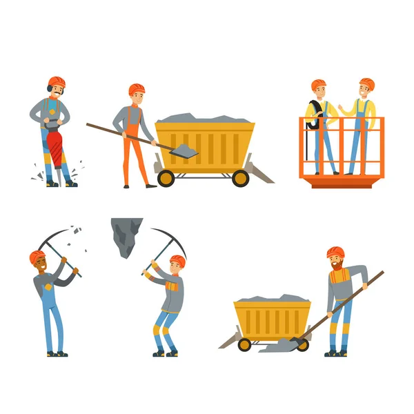 Minero o Pitman en casco duro y uniforme transportando carbón y trabajando con Pickaxe en Rock Face Vector Set — Archivo Imágenes Vectoriales