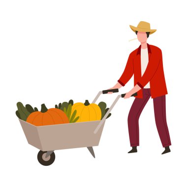 Hasır Şapkalı Erkek Çiftçi Olgun Sebze İllüstrasyonlu El Arabası İtiyor