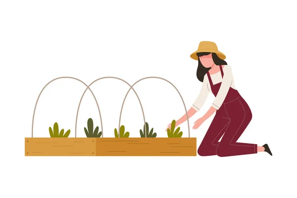 Vrouw boer in stro hoed kweken bodem op tuin bed trekken onkruid Vector Illustratie — Stockvector