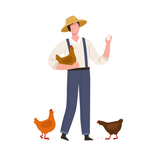 Hombre agricultor en sombrero de paja recogiendo huevos de gallinas Vector Ilustración — Vector de stock