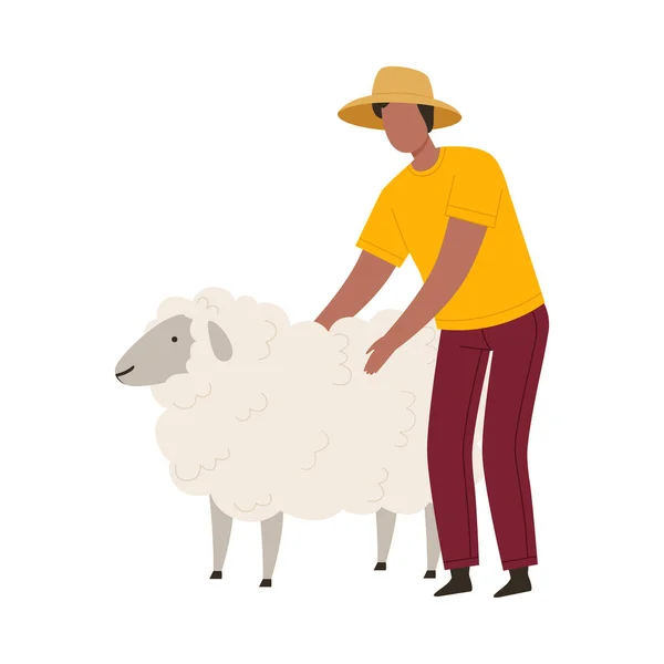 Man Farmer in Straw Hat Stroking Sheep Vector Illustration — Stockový vektor