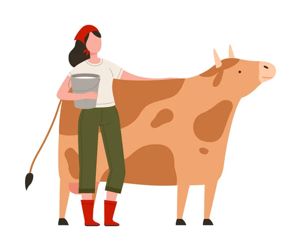 Donna contadino accarezzando mucca e tenendo secchio con latte fresco vettoriale illustrazione — Vettoriale Stock