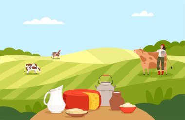 Dairy Products and Countryside View with Woman Farmer Stroking Cow and Holding Bucket with Fresh Milk Vector Illustration clipart
