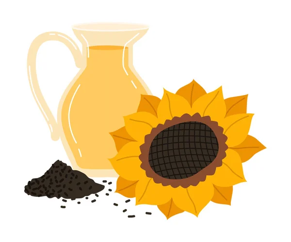 Reife Sonnenblume und Krug mit Öl als saisonale Ernte und Ertragsvektorillustration — Stockvektor